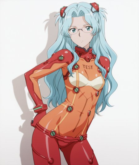 official art, absurdres, highres, anime coloring, hi res, best quality, masterpiece, 2d, intricate details, 4k, shadow, 
1girl, solo, female, nose, long hair, blue hair, hair intakes, wavy hair, shiny hair, 
hair ornament, bodysuit, multicolored clothes, pilot suit, plugsuit, red bodysuit, interface headset, hairpods, orange bodysuit, multicolored bodysuit, test plugsuit, souryuu asuka langley \(cosplay\), neon genesis evangelion,
cowboy shot, contrapposto, 
depth of field, white background, <lora:Eva_Aensland_(Character)_ILXL:1>