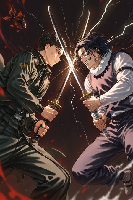 masterpiece, best quality, absurdres, safe
2boys, sword clash, holding sword, katana,
chihiro rokuhira, red eyes, scar on face, black goldfish,
dark background, 
BREAK
masterpiece, best quality, absurdres, safe
2boys, sword clash, holding sword, katana,
genichi sojo, black hair, white shirt, smile, jumping, lightning, 
dark background, 
<lora:sword_clash_il_2_v4_d16_final:1>
<lora:kagurabachi_il_1_d16:1>