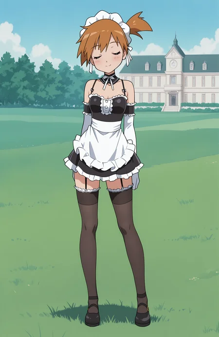 <lora:anatomy_helper:0.8> 1girl, solo, <lora:KoWaGo-IL:0.8> himm,
misty \(pokemon\), blue eyes, orange hair,
koremaid, bare shoulders, elbow gloves, white gloves, detached collar, arm garter, garter straps, spaghetti strap, black thighhighs, frilled thighhighs, maid headdress, black footwear,
outdoors, mansion, grass, closed eyes,  sleeping,,closed eyes smile incoming kiss POV, extremely detailed, highres, masterpiece, best quality