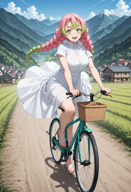 masterpiece, best quality, highres, absurdres, very awa, 1girl, solo, twin braids, multicolored hair, pink hair, green hair, mole under each eye, large breasts, sundress, white dress, (collared dress), outdoors, (rural), japan, bicycle, riding bicycle, riding, leg up, green eyes, mountain, (village), scenery, landscape, house, road, sandals, looking at viewer, smile, open mouth