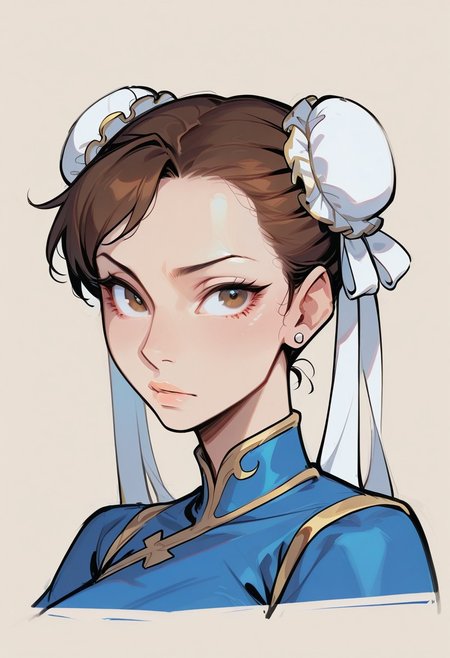 {{masterpiece,best quality,amazing quality,absurdres}}, {{flat shading, cel shading}}, 
BREAK
1girl, solo, simple background, portrait, upper body, chun li