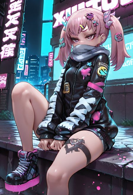 masterpiece, best quality,   zzH0ld, sitting on a futuristic rooftop ledge, cyberpunk cityscape in the background, one knee up, sleek metallic footwear reflecting neon lights, glowing tattoos tracing her leg, jacket sleeves past wrists, scarf fluttering in the wind, holographic jewelry shimmering, high-tech, sci-fi anime aesthetic  ,<lora:HoldXcute_IXL:1.0>,  NyxL0v3, <lora:NyxLoveStyle_IXL:0.8>,