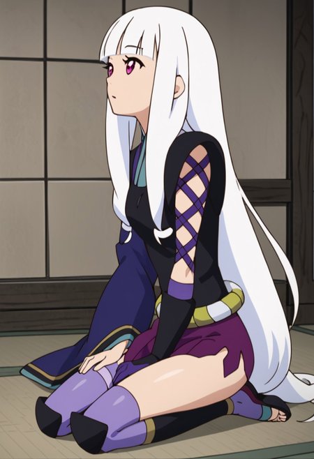 Togame, white hair, purple eyes, blunt bangs, long hair, Japanese clothes, full body, seat on knees, look up, dreaming