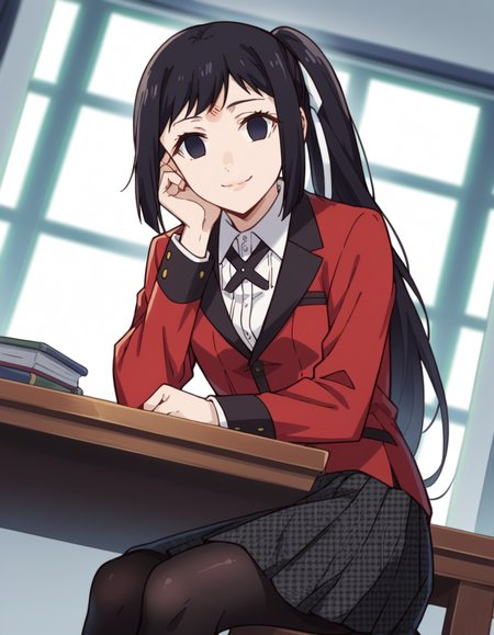 score_9, score_8_up, score_7_up, source_anime, <lora:sayaka-igarashi-s2-ponyxl-lora-nochekaiser:1>, sayaka igarashi, long hair, black hair, hair ribbon, ponytail, black eyes, empty eyes, side ponytail,, skirt, shirt, school uniform, jacket, white shirt, pantyhose, pleated skirt, collared shirt, black pantyhose, blazer, red jacket,, indoors, smile, looking at viewer, solo, sitting, head rest, table,, cowboy shot, dutch angle