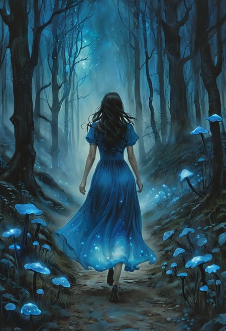 (water-colored), illustration, style of Jessica Galbreth,
(far view, far shot, rear view, facing away:1.3),
(Alice, woman walking on a trail, very long dark brown hair,  hair rim lighting, hair in the wind, blue maid dress with short sleeves, black tights, black shoes:1.5), 
fog, dreamy, dream,
(at night, forest, blue glowing mushrooms, blue lights, blue glowing dress:2)