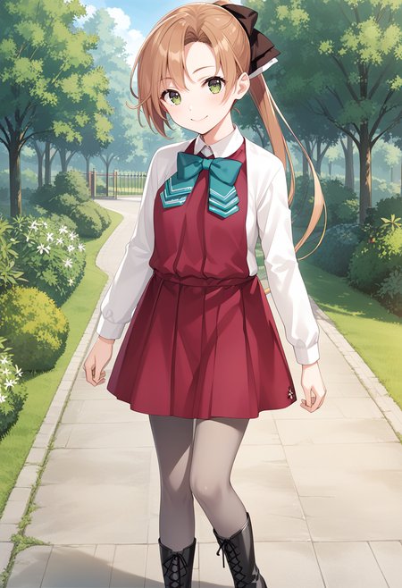 standing, 1girl, solo, full body, park,  <lora:KC_01DD_akigumo_pony:1> akigumokc, brown_hair, long hair, ponytail, hair ribbon, black ribbon, green eyes,      akigumodefkc,  purple_uniform, sleeveless dress, halterneck, blue bowtie, white blouse, long sleeves, skirt, pleated skirt, grey pantyhose, black boots,, score_9,score_8_up, score_7_up, source_anime, masterpiece, best quality,  official art, official style, game cg, megami magazine, rating_safe, rating_questionable, <lora:Fixhands_anime_bdsqlsz_V1:0.75>, NEGATIVE_HANDS