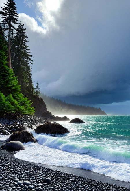 a photograph of a beach on the Pacific northwest coast, rocky pebble beach, a large looming evergreen cedar Forrest looming, the ocean is vibrant and crashing, deep vivid blues and greens, the sky is grey and clouds are heavy the sun is radiating however cutting through a break in the thick looming storm clouds, epic, realism, photo-realism, highest quailty, highest detail, professional, landscape, nature