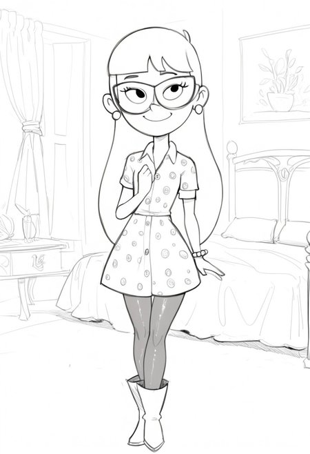 score_9, score_8_up, score_7_up, BREAK flufsk, monochrome, grayscale, VicSol, 1girl, long hair, blunt bangs, black eyes, glasses, pearl earrings, right arm bracelet, short-sleeved buttoned dress, tights, long boots, full body, solo, solo focus, alone, smiling, cartoon, source_cartoon, bedroom indoors, bedroom background,