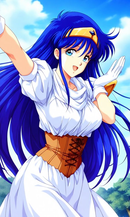 general,highres, ultra-detailed,very aesthetic,best quality ,best hands, BREAK <lora:Irene_La_Tias_XEXEX_IS:0.8> 1990s (style), 
Irene_La_Tias(XEXEX), 1girl, solo, very long hair, blue hair, blue eyes, tiara, large breasts, circlet, bangs,
white dress, white gloves, brown corset,
blue sky, game cg style,