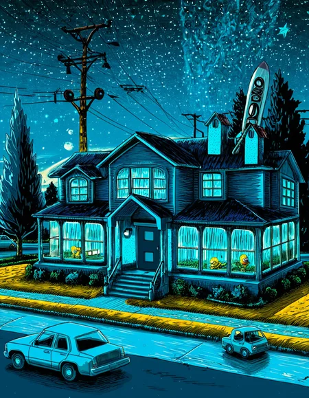 concept art  . digital artwork, illustrative, painterly, matte painting, highly detailed,
t1md0yl3, outdoors scenery, sky, tree, 
Bart simpson riding a skateboard,
window, night, traditional media, grass, building, star (sky), night sky, motor vehicle, starry sky, blue theme, car, bush, road, house, power lines, utility pole
house from "The Simpsons".
<lora:tim_doyle-SDXL-v1:1>