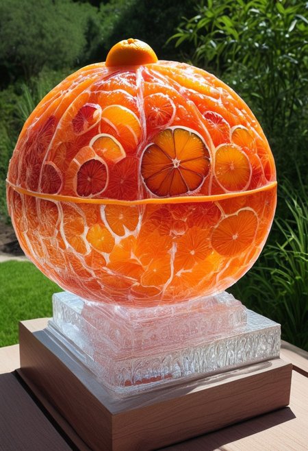 blood orange style,(realistic glasssculpture of a orange:1.5), GlassRay
blood orange,sliced blood orange,,On the table,in the lush garden,
flowers everywhere, 
masterpiece,realistic,ultra detailed,vibrant colors,photo-realistic,DSLR,