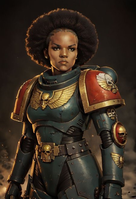 score_9,score_8_up,score_7_up, 1 woman, black woman, shaved head, short afro, MILF scarred, warhammer 40000, knva, halftone effect, retro artstyle, full battle armor