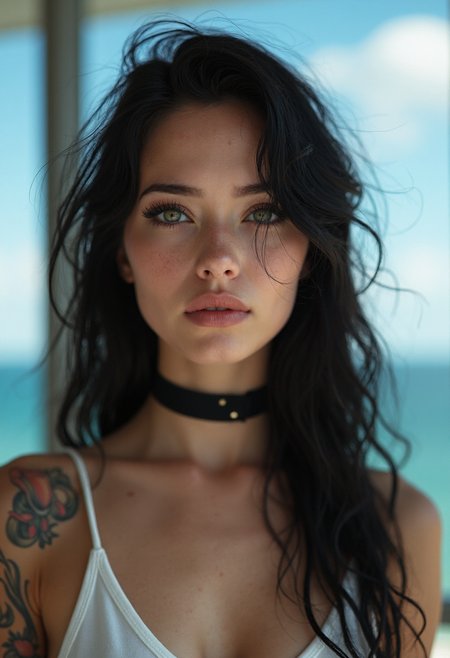 a professional closeup photo portait of a young woman with striking features, she has fair skin, her large, expressive green eyes are framed by thick, dark eyelashes, and her lips are full and naturally pink, she wears a black choker around her neck and a white tank top that reveals a tattoo on her upper arm, her hair is long, wavy, and black, with a few strands framing her face, she has a dark makeup, the blurred background shows a window and a blue sky with a few white clouds, the photo focus the attention on the subject, the lighting is soft and natural, enhancing the texture and depth of her skin and hair, the overall style is highly detailed and lifelike, capturing fine details such as the texture of her hair and the subtle shading that adds depth and realism to the image