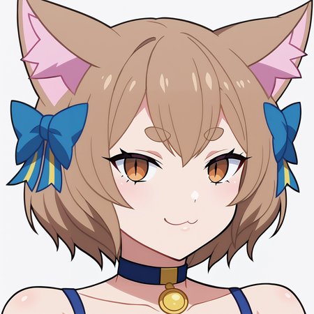score_9, score_8_up, score_7_up, BREAK,
 <lora:FelixXL-000001:1>,1boy,otoko no ko,large solo,animal ears, hair bow, cat ears, brown hair, short hair, bangs,brown eyes,thick eyebrows, looking at viewer,  slit pupils, eyelashes, :3,smirk,animal ear fluff, pendant, blue choker, 
portrait, ,close up,bare shoulders, 
simple background, white background, 
 anime screencap,anime coloring,