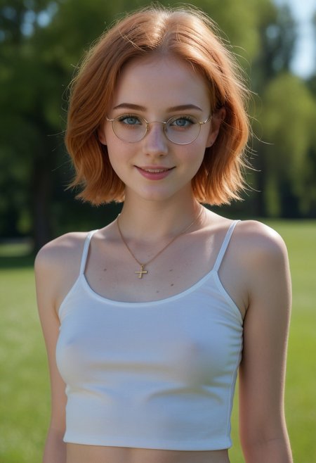 masterpiece, best quality, realistic, extremely detailed, (colorful), 
cinematic lighting, volumetric light, extremely detailed, subsurface scattering, remarkable color, ultra realistic, bokeh, sharp focus on subject,
beautiful detailed face, full body PORTRAIT, closeup, textured skin,remarkably detailed pupils, realistic dull skin noise, visible skin detail, skin fuzz, dry skin,
photograph of an extremely delicate and beautiful 18yo emo girl, golden ratio, short red blond hair, freckles, (moles:0.5, skin blemishes:0.7, blush), (natural detailed skin texture:1.3), solo, gold cross necklace, 
short wavy hair, smile looking at viewer, (looking at viewer, extremely detailed face, beautiful eyes, detailed eyes, symmetric eyes, open eyes, seductive eyes, big eyes, slim face:1.2), smirk, (eyeshadow, makeup:1.3),big round glasses, perfect white teeth, (white teeth), eye catching, 
BREAK,
slim waist, wearing a sleeveless white thin strap top, undersized top, tight top, (small breasts), perky breasts, (no bra, braless, pokies), erect nipples, dark areolas, 
jeans mini shorts, perfect round ass,  
BREAK, 
strolling through a park in spring, dynamic pose, view from the side, side view, profile view, outdoors,