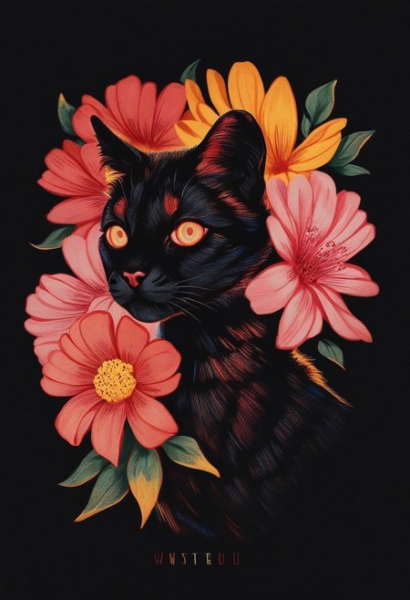 score_9, score_8_up, score_7_up, score_6_up, VitWaterStyle, saturated colors (best quality:1.1), (masterpiece:1.2), saturated colors, (detailed:1.1), (highres, best quality:1.2),(ultra HD quality details), animal, cat, black fur, curled, stunning eyes, solo focused, very aesthetic, portrait, close up, no humans, plant, red flower, pink flower, yellow flower, realistic, animal focus, dark background, muted colors, Detailed drawing