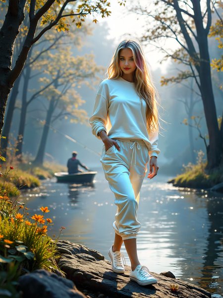 Cinematic film still a woman standing on a bank of a river with a boat in the background and a person in a boat in the water, Elina Karimova, lake, a photorealistic painting, romanticism, a photorealistic painting, photorealism, pincushion lens effect, a stock photo, barbizon school. BREAK Elegant pose, a stock photo, romanticism, concept art, shallow depth of field, vignette, highly detailed, high budget, bokeh, cinemascope, moody, epic, gorgeous, flux-style, film grain, grainy. <lora:add-detail-xl:.5> <lora:Flux-style-xl-lora:.5>