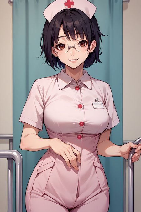 score_9, score_8_up, score_7_up, score_6_up, source_anime, 1girl, solo, <lora:sonoharaanri-pdxl-nvwls-v1-000006:1> anri, black hair, short hair, bob cut, brown eyes, glasses, big breasts, nurse uniform, nurse cap, pink uniform, pink pants, looking at you, hospital, happy