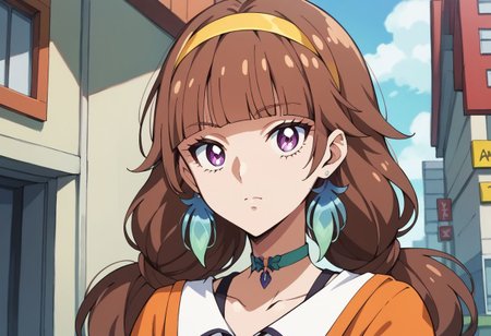 score_9, score_8_up, score_7_up, source_anime,
Amanogawa Kirara, brown hair, blunt bangs, long hair, low twintails, yellow hairband, purple eyes, kiara_default