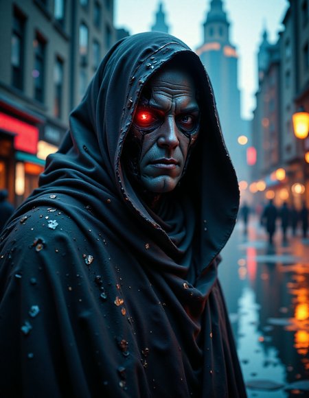 Portrait dynamic angle of an old damaged cyborg humanoid rogue prototype, in the style of ck-ncr, intrigant gaze looking to viewer, heavy damage, mysterious mystical scene, wearing tattered old robe hooded Jedi master,  <lora:ck-Neurocore-Realistic-Cyborgs:1.1>, <lora:aidmaFLuxPro1.1_v0.3:0.6> aidmafluxpro1.0 insane details dynamic lighting, cosmic horror attacking the city at night in the background, <lora:wentiwenti_style_1179390:0.75>