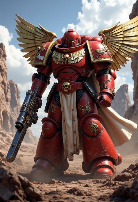 A towering blood angels Warhammer 40k Space Marine in full ceramite power armor, standing amidst a war-torn battlefield with a bolter pistol and a chainsaw-sword.