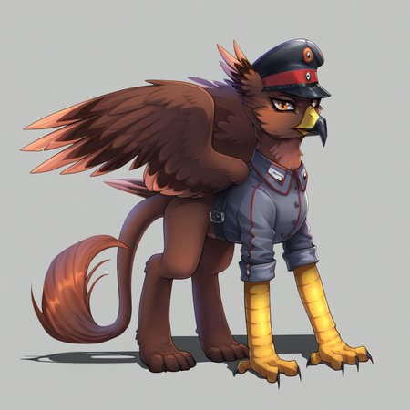 masterpiece, score_9_up, score_8_up, score_7_up, score_6_up, (best quality:1.1), ultra-detailed, high resolution, solo BREAK anthon kaufmann, female griffon, feral,  avian, brown feathers, orange eyes, yellow beak, black beak tip, tail, hawk-like, wings, military, peaked cap uniform, standing pose, simple background, highly visible, sharp focus, OverallDetail, anatomically correct