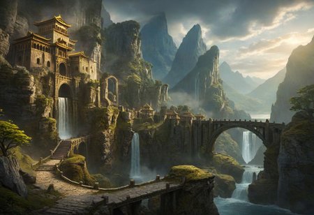 masterpiece, best quality, ultra detailed, professional light, cinematic lighting, ambient lighting, atmospheric effects, epic landscape, fantasy city, ruins, waterfall, mountains, cliff, bridge, Kintsugi, path, clouds