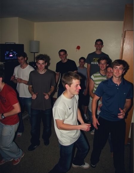 An amateur photo of a college house party with dim lights and several people dancing. There is a PA system set up and a splatter of sauce on the wall in the background. The photo is from 2006 and has some jpeg artifacts. <lora:amateurphoto-6version:0.5>