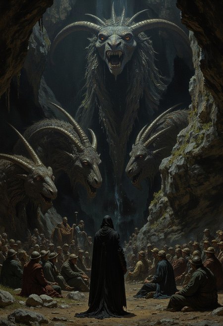 A chilling moment as a group of taheen, creatures with the bodies of men and the heads of animals, gather in a darkened glen under the command of a sinister figure cloaked in black, plotting the downfall of the Gunslingers.