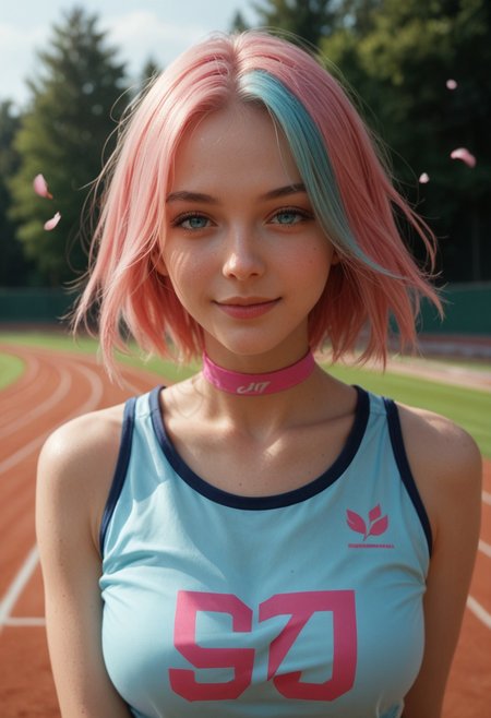 score_9_up, score_8_up, score_7_up, score_6_up, 1girl, 25 years old, perfect face, (adult:1.2), sexy,
three quarter view, detailed face, portrait, face focus, depth of field, looking at viewer, blush, shy smile, close up, 
cyan eyes, 
multicolored hair, colored inner hair, pink hair, cyan hair, short hair, 
pink choker, 
cyan shirt, print shirt, 
running track, track and field, trees, day, cherry blossoms,