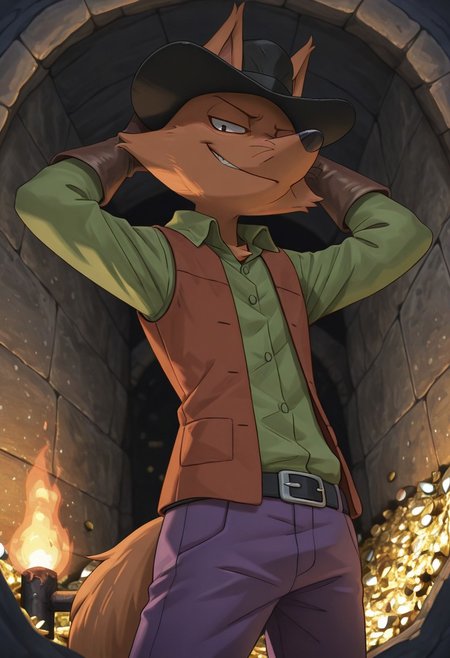 detailed background, detailed fur, cowboy shot, solo, 1boy, mid adult, ZorondoRon, fox, cocky smirk, head movement, western scenery, western background, indoors, under tunnel, boulder, lit torch, treasure, hand behind head, detailed scenery, black cowboy hat, green button up shirt, reddish brown vest, brown gloves, purple pants, masterpiece, best quality, amazing quality, absurdres, newest, high res, ultra detailed, best quality, best artwork, detailed eyes, (eyes focus), perfect eyes, big iris, pupils visible, 4k, ultra quality, perfect face