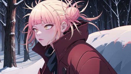 1girl, snowstorm,  dark forest, snow, snow falling, winter, night, dark, amazing background, blond hair, stands in the center, Best Shadows, Shallow Depth of Field, red winter jacket, warmly dressed, without a hat, (perfect hands:1.2), night, dark, (Solo:1.3),  <lora:TogaHimikoLoRA:1>, (realistic:1.3), epic realistic, detailed, 4k,  <lora:russianebenya:0.5>
