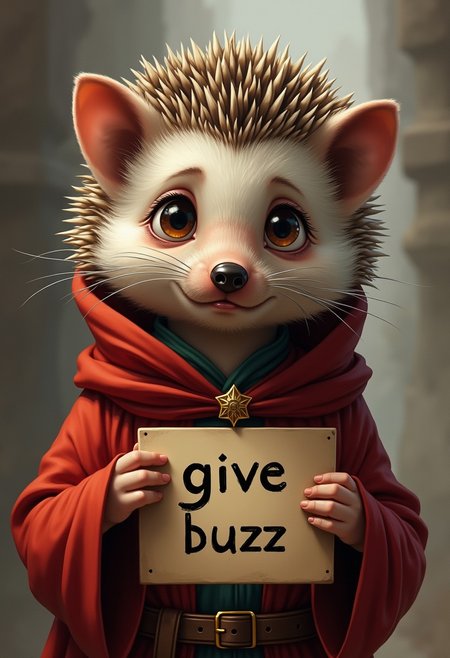 Sad female monk hedgehog, hold sign:"give buzz", masterpiece, digital art, anthro, catholic, rpg portait