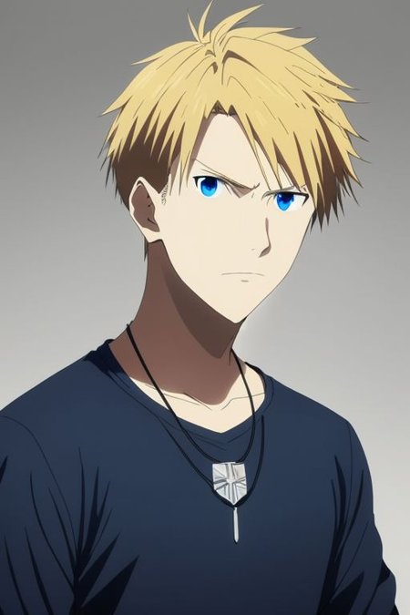 high resolution, solo, best quality, 1Boy, Yamato Ishida, Blond Hair, Blue Eyes, Necklace, potrait, dark shirt, looking at viewer, focused gaze forward, simple background, straight body, upper body, head upright, envy, OverallDetail
