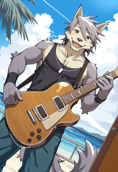 best quality, amazing quality, very aesthetic, absurdres, newest, kouya_aotsuki, morenatsu, furry, yellow eyes, tank top, black tank top, pants, happy, holding instrument, looking at viewer, dutch angle, outside, detailed background, <lora:Kouya_Aotsuki_Morenatsu_Illustrious:1>