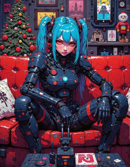 nistyle, hatsune miku as a cyberpunk cyborg girl ,pixel screen face,  in a mechanical christmas living room,
<lora:flux.1_lora_flyway_Epic-detail_v2:0.5>
<lora:CPA:0.7>
<lora:test2:0.7> , <lora:christmas living room-flux-lora:0.5>