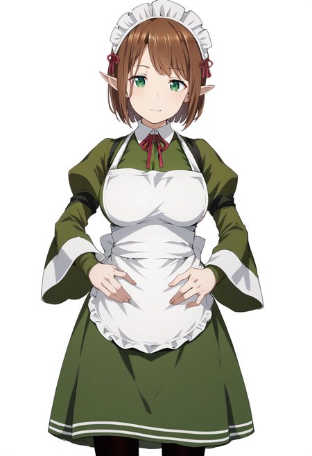 score_9, score_8_up, score_7_up, source_anime, 1girl, solo, Ein3Tu113, green eyes, brown hair, short hair, pointy ears, Wa1tress, maid headdress, green dress, Juliet sleeves, white apron, maid apron, red ribbon, neck ribbon, black pantyhose, hands on stomach, <lora:Eina Tulle - Danmachi V3 KKS Ver-000010:1>, white background, standing, smile