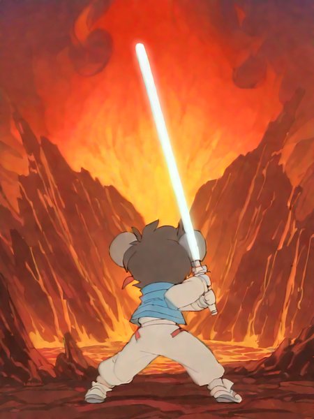 <lora:etoran.il:1>,
etoran,
bakumaru, 
action pose,
solo,
white lightsaber,
 <lora:Temmie-Illustrious:1> tmchng
blue vest, white jumpsuit,
shortstack,
BREAK
mountain, lava, fire,, high quality, best quality,