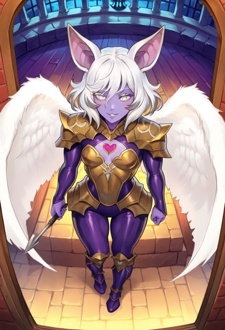 1girl, white hair, white eyes, medium hair, bat ears, anthro bat, big bat ears, Purple Taupe colored skin,
small breasts, smile, , black leather armor with gold elements, quiver with arrows with hearts, holding a bow, preparing to shoot a bow, arrows with heart-shaped tips, fake white angel wings,
ready for a carnival, castle indoor walls, open window behind,
indoors, castle, 
viewed from above,
masterpiece, best quality,