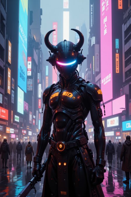 Techno-bushi framed in soft pastel rain, his LED Kabuto displaying glitching emoticons. Columns of light from neon statues stretch into the sky behind him, and the city feels like a dream from an outdated OS.