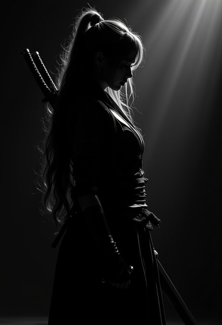 silhouette art, japanese female fantasy warrior, long hair, traditonal japanese leather armour, a katana slung over her back, viewed from the side, silhouetted, chiascuro, light hitting one side of her, dark background