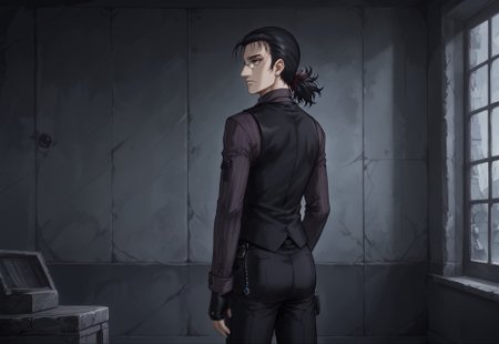 masterpiece, best quality, male focus, solo, 1boy,DarkWalter, blue eyes, black hair, back slicked ponytail, monocle, monocle over left eye, black tie, black vest, black pinstripe shirt, black pants, black shoes, black fingerless gloves, keychain, red hair ribbon, expressionless, looking to the side, standing, adjusting necktie, indoors, Manor Interior Wall