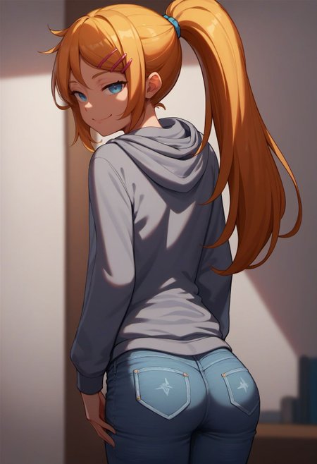 score_9, score_8_up, score_7_up, score_6_up,( sketch:0.6), flat color,
ha1ru, 1girl, solo, long hair, looking at viewer, smile, hair ornament, long sleeves, closed mouth, blue eyes, standing, ponytail, ass, hairclip, looking back, indoors, hood, clothes lift, from behind, blond hair, hoodie, hood down, smug, grey hoodie, jeans,
<lora:fix_hands:1.5>
<lora:hairu_style_v11-000007:0.8>,