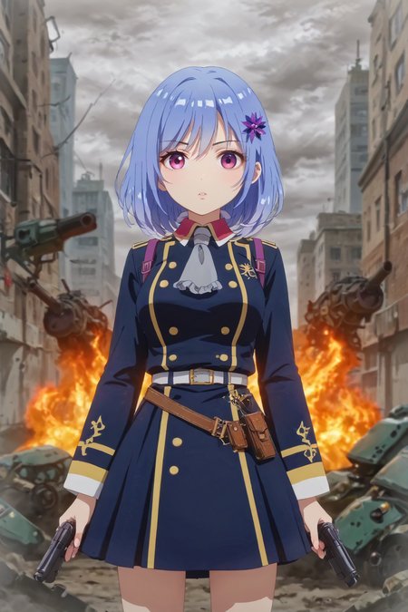 masterpiece, best quality, anime screencap, anime coloring, zPDXLxxx, zPDXL2,
score_9, score_8_up, score_7_up, 8k, best quality, masterpiece, (ultra-detailed:1.1), source_anime, prefect lighting, very aesthetic, intricate details, highly detailed background, prefect hands, eye catching, eyelashes,
<lora:Houkiboshi_Prima_Doll_official_Style-000005:0.8>, 1girl, solo, hair_ornament, blue_hair, purple_eyes, uniform, belt, long_sleeves, military_uniform, hair_flower, military, short_hair, closed_mouth, flower, ascot, hairclip, jacket, Official_anime, anime_coloring, medium_hair, skirt,
 broken city, city under fire, holding gun, holding weapon, gun, a cityscape with smoke and debris in the background, battlefield, ready for battle, wide eyes, lips, serious, looking at viewer,
shiny skin, skin_detail, lustrous_skin, skindentation, 
 natural breasts, beautiful face, perfect face, pretty face, perfect eyes, beautiful eyes, expressive eyes, perfect breasts, wide hip, perfect body, perfect light,
<lora:sdxl-hairdetailer_02:0.35>  <lora:sdxl_lightning_8step_lora:1> <lora:eye_catching:2>  <lora:eyelashes_pony_V1.0:1>