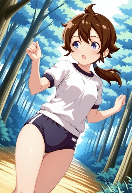 masterpiece,perfect hands,anime_coloring,anime_clothing,best quality,Tokia_DMO, 1girl, gym uniform,buruma,solo, brown hair, ponytail,forest, dynamic angle,open mouth,cheek,
