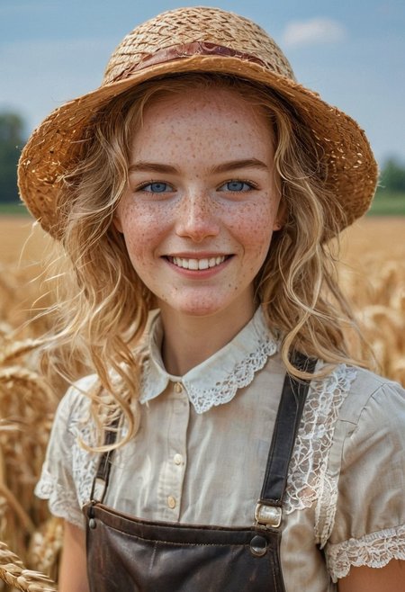 epiCRealism, 1girl, portrait of a farmer girl, bellissima, petit, slender, open smile, wearing leather apron over a checkered white and beige blouse, short sleeves, lace collar and lace on sleeves' rim, neck bow, messy and wavy blond hair, clean blue eyes, natural  beauty, no makeup, big eyes, freckles, large torn straw pointy hat , honest and cute face, wheat field being harvested in the background, hot summer day, sweat brow and temples, warm smile, parted lips, art by mooncryptowow, Detailed natural skin and blemishes without-makeup and acne