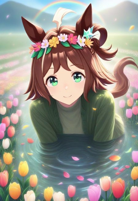 (umamusume, rhein_kraft_(umamusume), horse_ears, horse_girl, tail, 1girl, ahoge, animal_ears,)
casual, Tulip,Tulip flower, Tulip flower_field, 
head_wreath, looking_at_viewer,  solo, aesthetic, absurdres, symmetric , , g0ldsw0rthy,
(realistic, photo,  artistic, medium_hair, one_eye_closed, petals, relaxing, smile, spiralling vortex made of multicoloured tulips, lush foliage sunrise,  ripples, reflective, jaynl-tm, rainbow,green_eyes, hair_between_eyes, hair_ornament,  : 0.7)