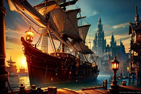 Flying pirate ship PiRe in steampunk style. There is a large robotic dragon head on the front of the ship. mechanic, android, realistic,  highly detailed technical, beautiful, gorgeous, dramatic lighting, golden ratio, Intricate details, 8K, ultra realistic, photography, RTX, light mode, octane render, morbide, HDR, trending on artstation,