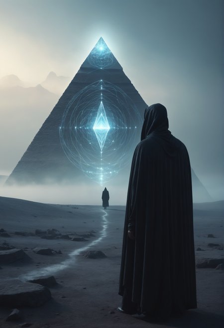 Doodle Art Style, Macabre aesthetics, an ethereal portrait of a lone cloaked figure in a dejected wasteland, a tall futuristic pyramid in the background, particle system, liminal fog, bokeh, highly detailed, a mesmerizing blend of light and shadow, drawing, freeform, swirling patterns, doodle art style