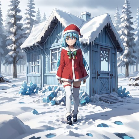 best quality, highres, high resolution, score_9, score_8_up, score_7_up, score_6_up, score_5_up, score_4_up, 1 female, aqua is wearing Santa outfit, her outfit is made of snow crystals,  (Aqua_(Konosuba):1), fr0stwrld, snow, ice, <lora:Fr0stWrld-v10:1.2> , <lora:Aqua Pony:1> ,full body, front yard of a house in snow forest, snow background, standing , anime pose, sad gloomy face